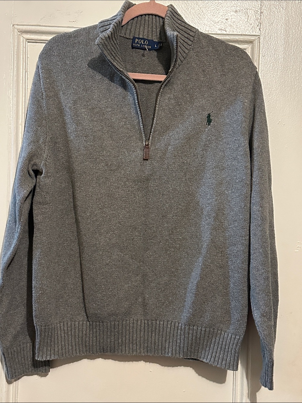 Polo by Ralph Lauren Men's Gray Quarter-Zip Sweater with Logo. Size Large.